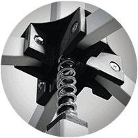 Close-up of a metal frame from a commercial canopy tent, featuring a robust spring mechanism and connecting parts. The structure consists of intersecting metal bars held together by a clamp and visible screws, forming a sturdy joint.
