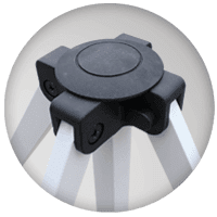 Close-up of a black three-legged holder or stand with white legs, reminiscent of structures used in promotional tents. The legs extend outward from the central round hub, designed to support or stabilize an object, likely for mounting or holding purposes.