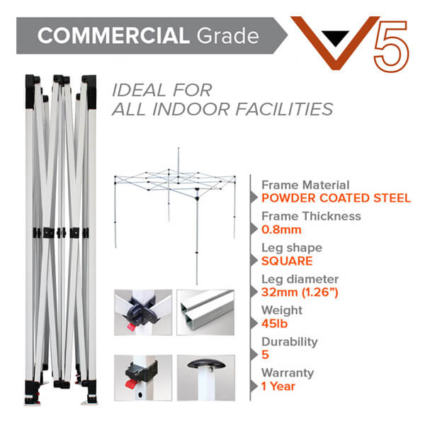 Image showcasing a commercial grade V5 canopy frame, crafted for indoor facilities. It features powder-coated steel with a 0.8mm thickness, square leg shape, 32mm leg diameter, and weighs 45lb. Built strong like those in negative pressure tents, it comes with a 1-year warranty.