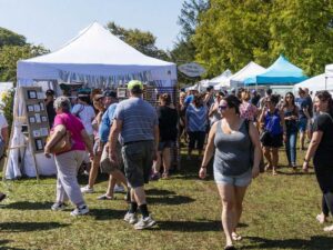 A bustling outdoor market scene with people walking between vendor tents displaying various items. Its a sunny day, and the crowd is diverse, with individuals browsing and enjoying the event. Trees and blue skies are visible in the background.