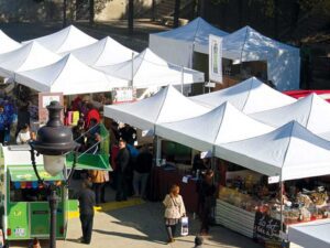 A bustling farmers market with white tents and various stalls. People are walking and browsing items under the farmers market tent. A green booth and a street lamp are visible in the foreground.