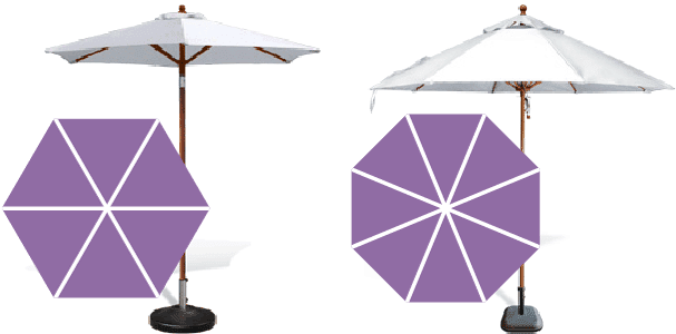 Two outdoor umbrellas with purple geometric overlays. The left umbrella has a larger purple hexagon, and the right one features a smaller overlay. Both umbrellas have white canopies and are set against a plain background.