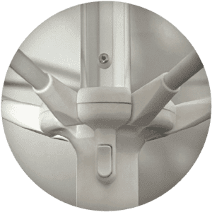 Close-up of a modern, white structural support with multiple angled arms extending from a central column. The design is sleek and metallic, suggesting part of a contemporary architectural or furniture piece.