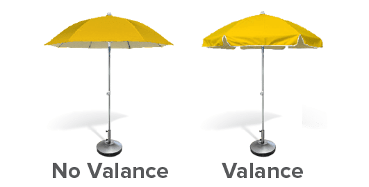Two yellow beach umbrellas are shown on a gray background. The left umbrella has no valance, while the right one features a valance. Both are mounted on round metallic bases. Shadows are visible beneath them.