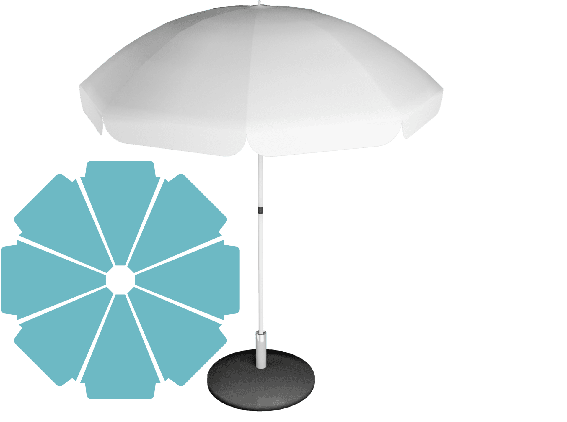 A white patio umbrella with a metal pole and black base. Next to it is a light blue octagonal shape representing umbrella coverage.