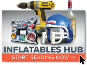 A graphic showing inflatable items including a drill, bottle, speaker system, and football helmet. Text at the bottom reads INFLATABLES HUB - START READING NOW.
