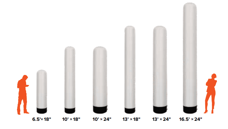 Image of six white, cylindrical items resembling Inflatable Air Towers, each with a black base, arranged in a row. Figures on the left and right provide scale. Dimensions labeled beneath each cylinder: 6.5×18, 10×18, 10×24, 13×18, 13×24, and 16.5×24.