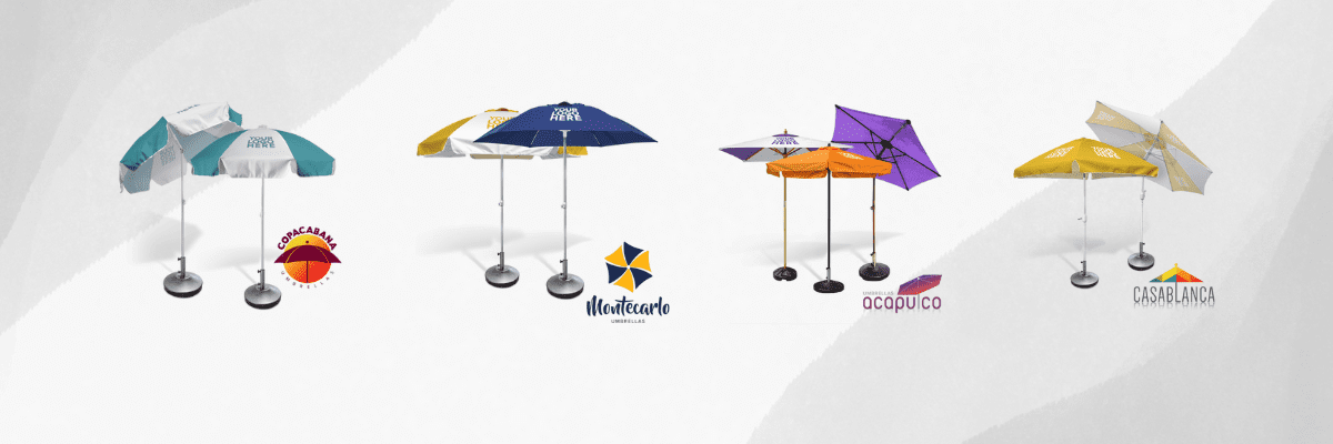 Five different beach umbrellas are displayed in a row, each boasting distinct designs and color schemes like shades of blue, orange, purple, and green. Various logos are beneath each umbrella, evoking the style of classic table umbrellas.