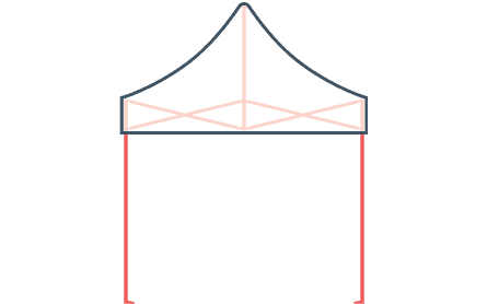 Minimalist illustration of a 10 x 10 pop-up canopy tent featuring a pointed roof and four supporting legs. The structure remains simple with a white top and distinctive red outlines on the legs.