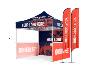 Displayed is the 10'x10' Elite Package, featuring a pop-up tent with a blue and red design that includes text placeholders "Your Logo Here." Two red feather banners with matching text stand beside the tent.
