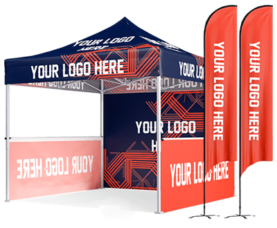 A promotional 10 x 10 pop-up canopy tent with a blue and red canopy displaying Your Logo Here text. The setup includes two matching feather flags and a counter, all featuring the same branding with geometric patterns.