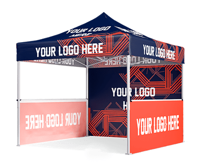 A small 10 x 10 pop-up canopy tent with a navy blue and red geometric design features the text YOUR LOGO HERE in white on the canopy and panels. The structure is open on one side, showcasing the spacious interior.