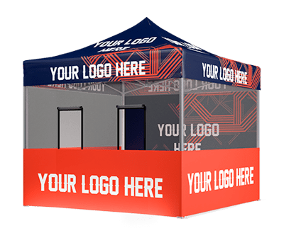 A 10'x10' Food Vendor Package featuring a promotional tent with a navy blue canopy and red sides, complete with the text YOUR LOGO HERE in white, and transparent windows displaying the interior frames.