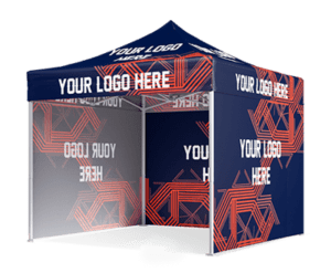 A 10'x10' Premium Package pop-up canopy tent in blue, adorned with a red geometric pattern and the text YOUR LOGO HERE on all visible sides. The interior is partially visible, set against a plain background.