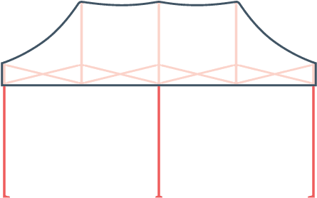 Illustration of a 10x15 pop up canopy tent featuring a simple, open-sided design with a white top and four orange poles at the corners. The tent showcases a scalloped edge and a visible support structure underneath the canopy.