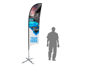 A 13ft Sunblade Flag with a tall, curved design displays the text YOUR LOGO HERE and stands on a cross base. It features an image of a vintage blue car, with a silhouette of a person next to the flag for scale.