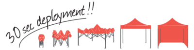 Illustration showing a step-by-step deployment of a red pop-up canopy tent. Text reads 30 sec deployment!! with four stages: collapsed tent, partially opened, almost fully opened, and fully opened.