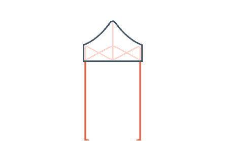 A simple line drawing of a 10 x 10 canopy with a peaked roof and four red legs.
