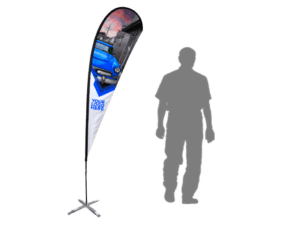 The 7ft Tear Drop Flag showcases a vibrant image of a blue truck on a street, with space for a customizable logo. A silhouette of a person is included beside it for scale reference.