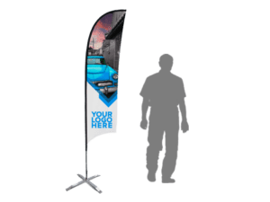 An 8ft Sunblade Flag, showcasing a vintage car with the text "Your Logo Here," is positioned next to the silhouette of a person for scale.
