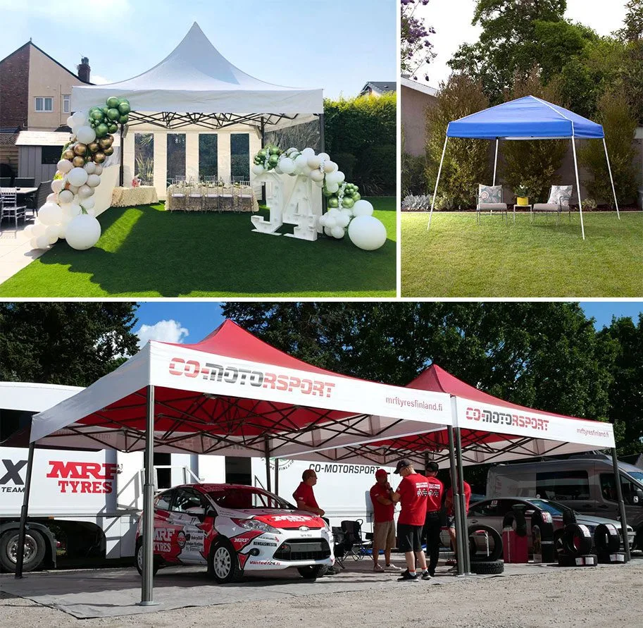 Top left: White 10 x 10 pop up canopy tent with balloons at an outdoor event. Top right: Blue 10 x 10 canopy sheltering chairs on grass. Bottom: Red and white tents labeled CO-MOTORSPORT covering rally cars and people.