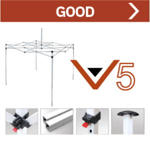 Illustration of a metallic frame structure with four detailed close-ups below, showing joints and features. The word GOOD and a V5 logo are at the top in a red banner.