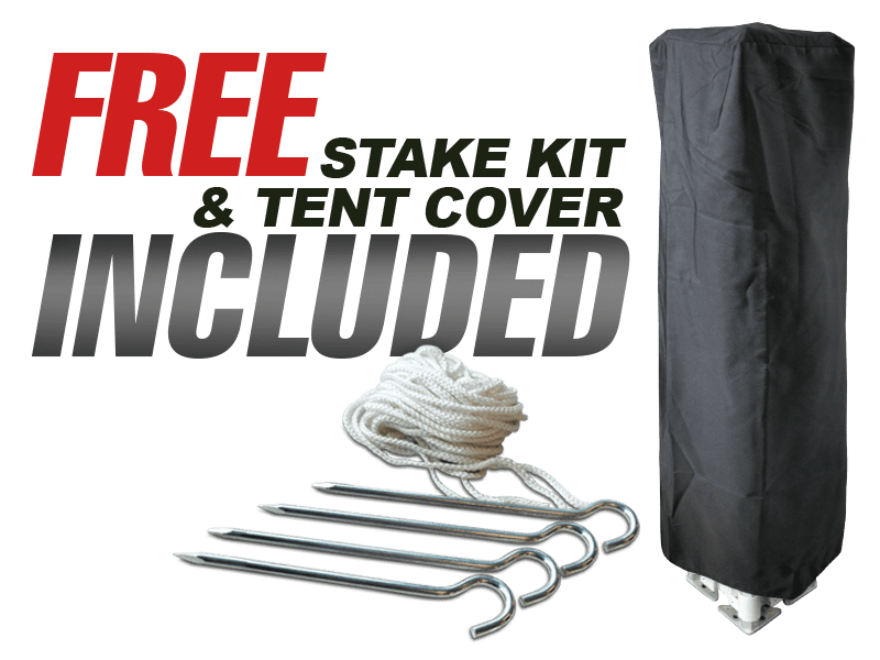 Image of a rolled-up black cover for the 10'x10' Food Vendor Package, alongside four silver stakes and a neatly coiled white rope. The text reads FREE STAKE KIT & COVER INCLUDED.