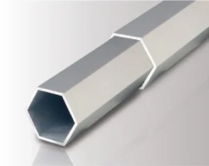 A hexagonal metal tube, reminiscent of a 10 x 10 pop up canopy tent frame, lays diagonally on a smooth gray surface. Its metallic sheen reflects light, highlighting the geometric shape and clean edges, with one open end visible.