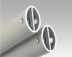 Close-up of two cylindrical objects, each resembling the structural components of a 10 x 10 canopy, with a round opening and a central divider, positioned diagonally against a gray background.