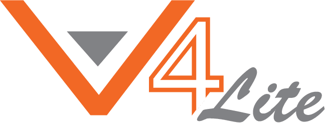 Logo featuring a large orange V with a gray triangle at its center. To the right, the number 4 is prominently displayed in white with an orange outline, followed by the word Lite in gray cursive, resembling the sleek style of a 10x15 canopy frame.