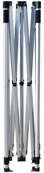 The collapsible silver frame of the 10x15 pop-up canopy tent features striking black and red accents, showcased both in its upright and partially folded positions.