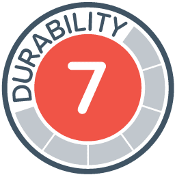 A circular badge with DURABILITY around the edge and a bold 7 in the center on a red background, reminiscent of the robustness you'd expect from a 10 x 10 canopy, indicating an impressive rating or level.