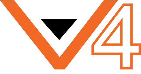 A stylized logo features an orange V with a black downward triangle, next to a large orange number 4. This minimalist and modern design evokes the structural precision of a 10 x 10 pop up canopy tent, blending simplicity and functionality seamlessly.