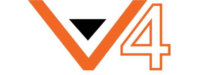 Logo featuring an orange stylized V with a black triangle beneath it, accompanied by the number 4 in orange on the right side, resembling the sturdy framework of a 10x15 pop up canopy tent. The background is transparent.
