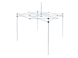 The 10'x10' Pop Up Canopy Frame is a collapsible metal structure featuring four legs and interconnected bars that form a rectangular shape. It is designed for supporting a canopy tent and includes black joints and adjustable pole heights.
