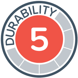A circular badge featuring the word Durability on the outer rim with a segmented grey background. A bright red circle in the center displays a number 5, symbolizing that this 10 x 10 pop up canopy tent withstands wear and tear effectively.