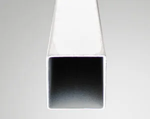 Close-up of a hollow, square metal tube with a light gray surface and darker interior, resembling the sturdy frame of a 10 x 10 pop up canopy tent. The tube's open end is facing forward against a plain gray background.