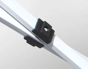 Close-up of a white adjustable bracket or hinge, reminiscent of those used in a 10 x 10 pop up canopy tent, featuring a black plastic or rubber component against a plain gray background.