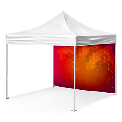 A white pop-up canopy tent with a vibrant, orange-red hexagonal pattern on the back panel. The design features a gradient effect, creating a visually striking backdrop. The tent provides shade with open sides and a solid white roof.