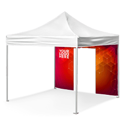 A white pop-up canopy tent with a red and orange geometric design on its back panel. The text YOUR LOGO HERE appears on the panel, suggesting a customizable promotional space. The tent stands on a simple gray floor.