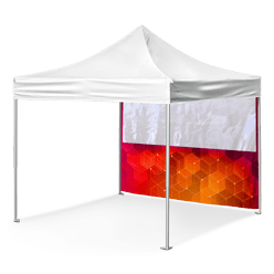 A white pop-up canopy tent with a colorful geometric-patterned backdrop featuring shades of red, orange, and yellow. The tent structure is lightweight, supported by four poles, and casts a shadow on the ground.