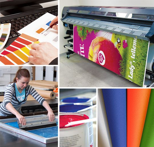A collage showcases a person selecting colors on a computer, a large printing machine with a colorful poster, and a woman with a screen printing frame. Buckets of ink and rolls of vibrant fabric surround them beneath the shade of a 10 x 10 pop-up canopy tent, creating an inspiring creative space.