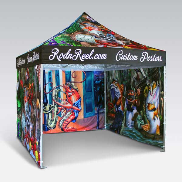 A vibrant, custom tent featuring colorful illustrations of animals playing instruments. The canopy, labeled RodnReel.com Custom Posters, is adorned with lively cartoon-style designs, including a saxophone-playing fish and various musician animals.