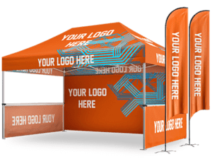 The 10'x15' Elite Package includes a bright orange pop-up canopy tent with banners showcasing the text YOUR LOGO HERE. This tent offers multiple branding opportunities, featuring printed areas on the roof, back wall, and two feather flags. Blue abstract design elements add visual appeal.