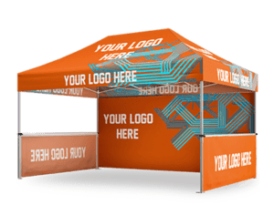 An orange pop-up canopy tent from the 10'x15' Expo Plus Package, featuring a modern blue geometric design with YOUR LOGO HERE printed on all sides and attached sidewalls.