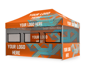The Food Vendor Printed Wall Set for 10'x15' is an orange event tent that prominently displays the text YOUR LOGO HERE across its surface. It showcases a geometric blue design pattern, making it ideal as a portable structure suitable for outdoor events or marketing displays.