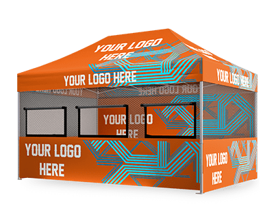 The Food Vendor Printed Wall Set for 10'x15' is an orange event tent that prominently displays the text YOUR LOGO HERE across its surface. It showcases a geometric blue design pattern, making it ideal as a portable structure suitable for outdoor events or marketing displays.