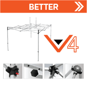 Metal frame structure with a grid design shown under the word Better and a logo V4. Below, four close-up images display various connection points and components of the frame. The background is green.