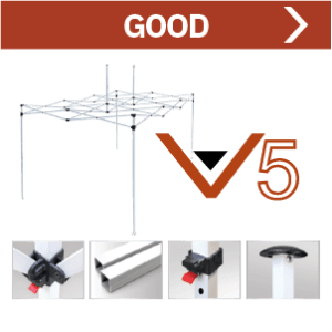 A canopy frame labeled GOOD with the text V5 alongside it. Below, there are four close-up images showing different parts of the frame, including joints, legs, and a locking mechanism.