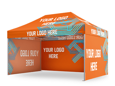 An orange 10x15 pop up canopy tent with YOUR LOGO HERE printed on all visible sides. The tent features blue geometric designs and white text, offering customizable branding space.